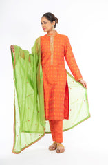 Alluring Mandarin Orange Raw Silk Ikkat Salwar Kameez