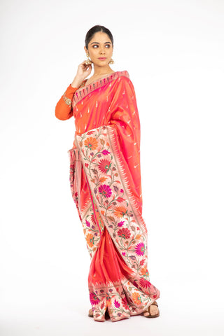 Alluring Orange and Red Double Shaded Paithani Weaving Banarasi Saree