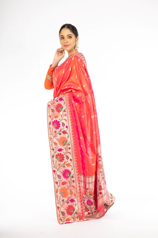 Alluring Orange and Red Double Shaded Paithani Weaving Banarasi Saree