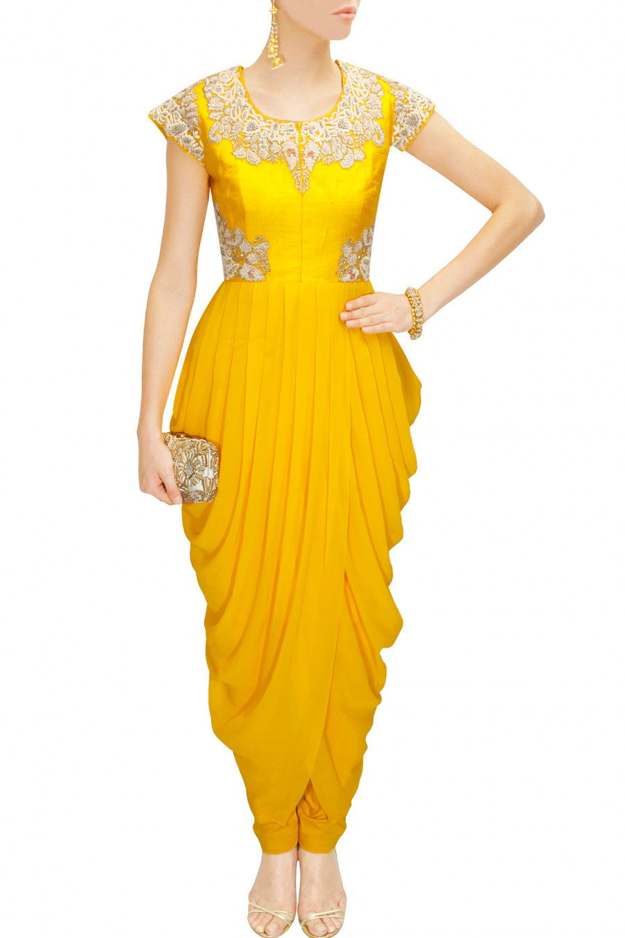 Yellow Cowl Draped Indo-Western Set