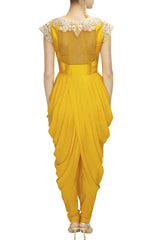  Yellow Cowl Draped Indo-Western Set