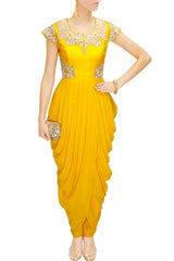 Yellow Cowl Draped Indo-Western Set