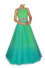 Aqua blue and green shaded Indo Western Bridal gown