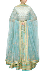 Aqua color Bridal Lehenga with white Choli