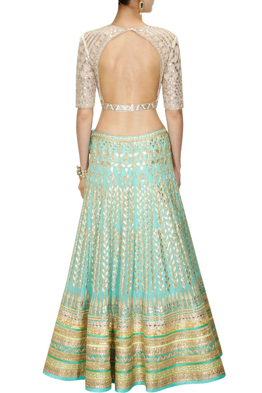 Aqua color Bridal Lehenga with white Choli