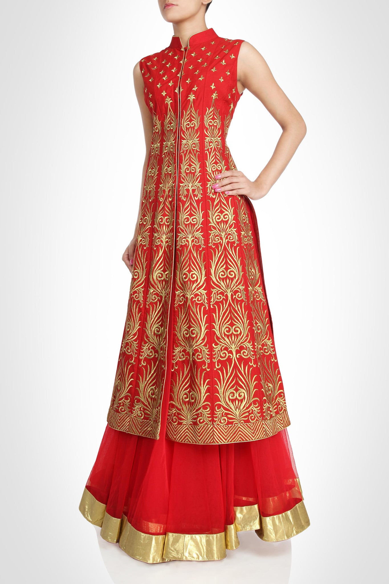 Red color Long Jacket lehenga