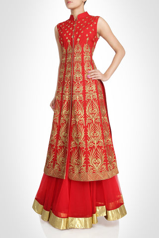 Red color Long Jacket lehenga
