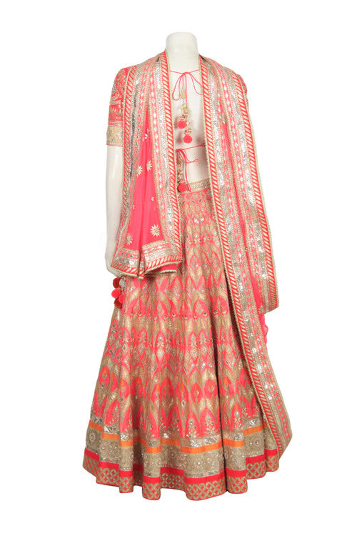 bridal wear lehenga in peach color