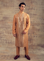 Beige Gold Color Mirror Embroidery Kurta Set