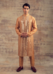 Beige Gold Color Mirror Embroidery Kurta Set