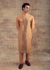 Beige Gold Color Mirror Embroidery Kurta Set