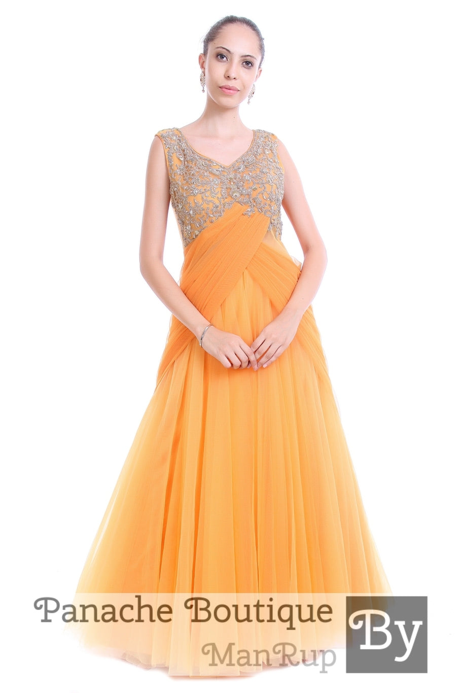 Beige Colour Saree Gown with Zardozi Embroidery