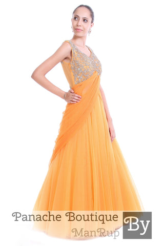 Beige Colour Saree Gown with Zardozi Embroidery