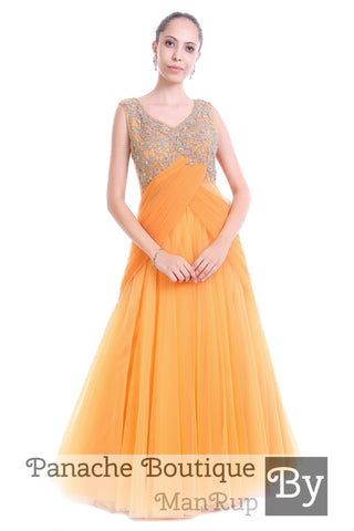 Beige Colour Saree Gown with Zardozi Embroidery
