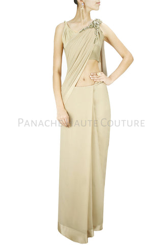 Beige color designer saree gown in crepe