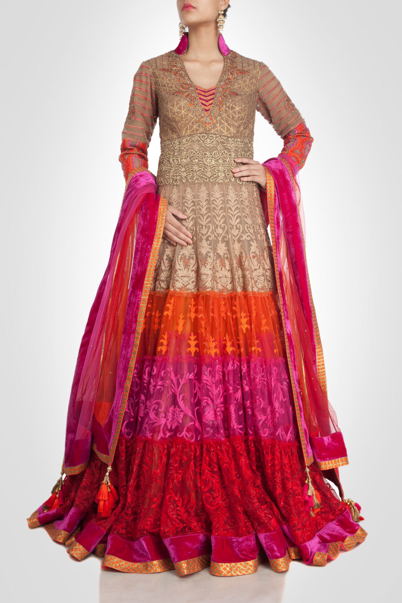 Beige color flaired anarkali suit type lehenga