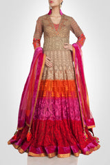 Beige color flaired anarkali suit type lehenga