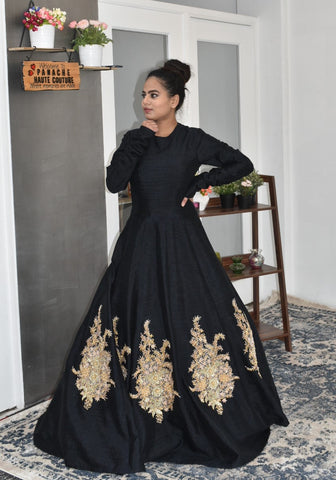 Black Color Gown in Raw Silk with Zardozi Embroidery