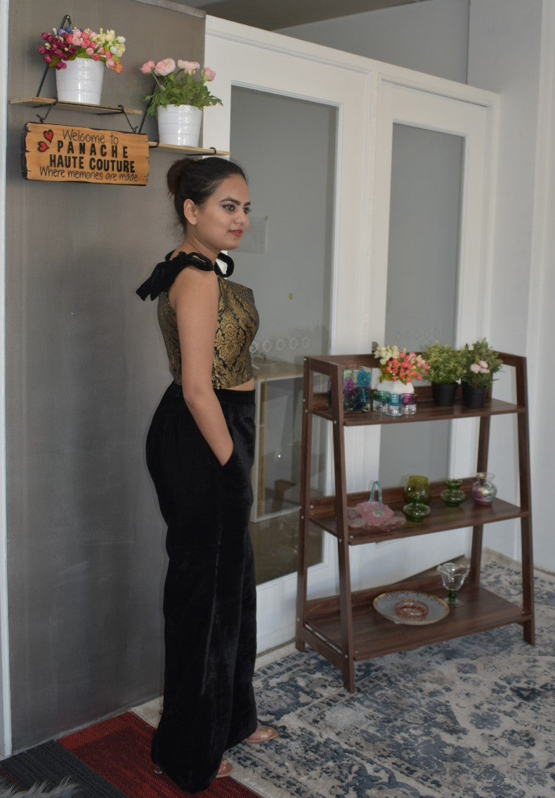 Stunning black color trouser with a banarasi silk blouse