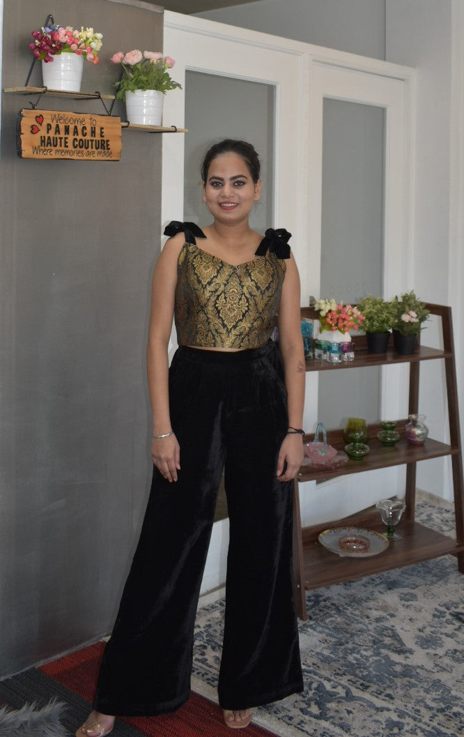 Stunning black color trouser with a banarasi silk blouse