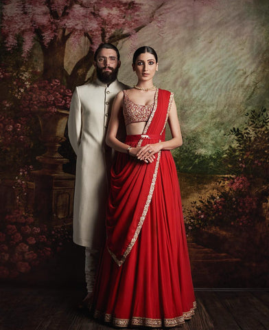 Red Color Drapped Lehenga in Crepe Silk