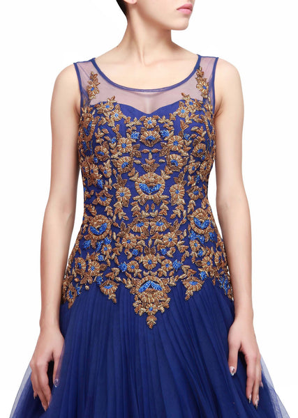 Navy blue gown with golden deals work