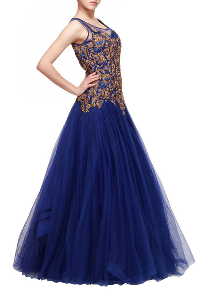 Blue color net gown with golden work Panache Haute Couture