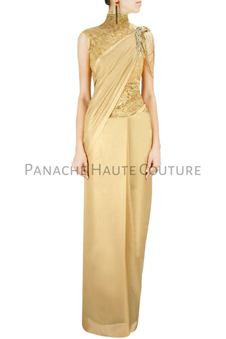 Champagne Beige Designer Saree Gown Online