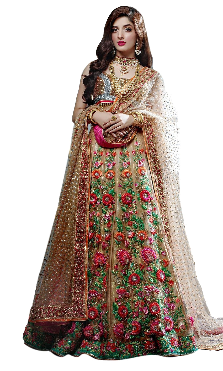 Champagne Color Wedding Lehenga with Floral Embroidery by Panache Haute Couture