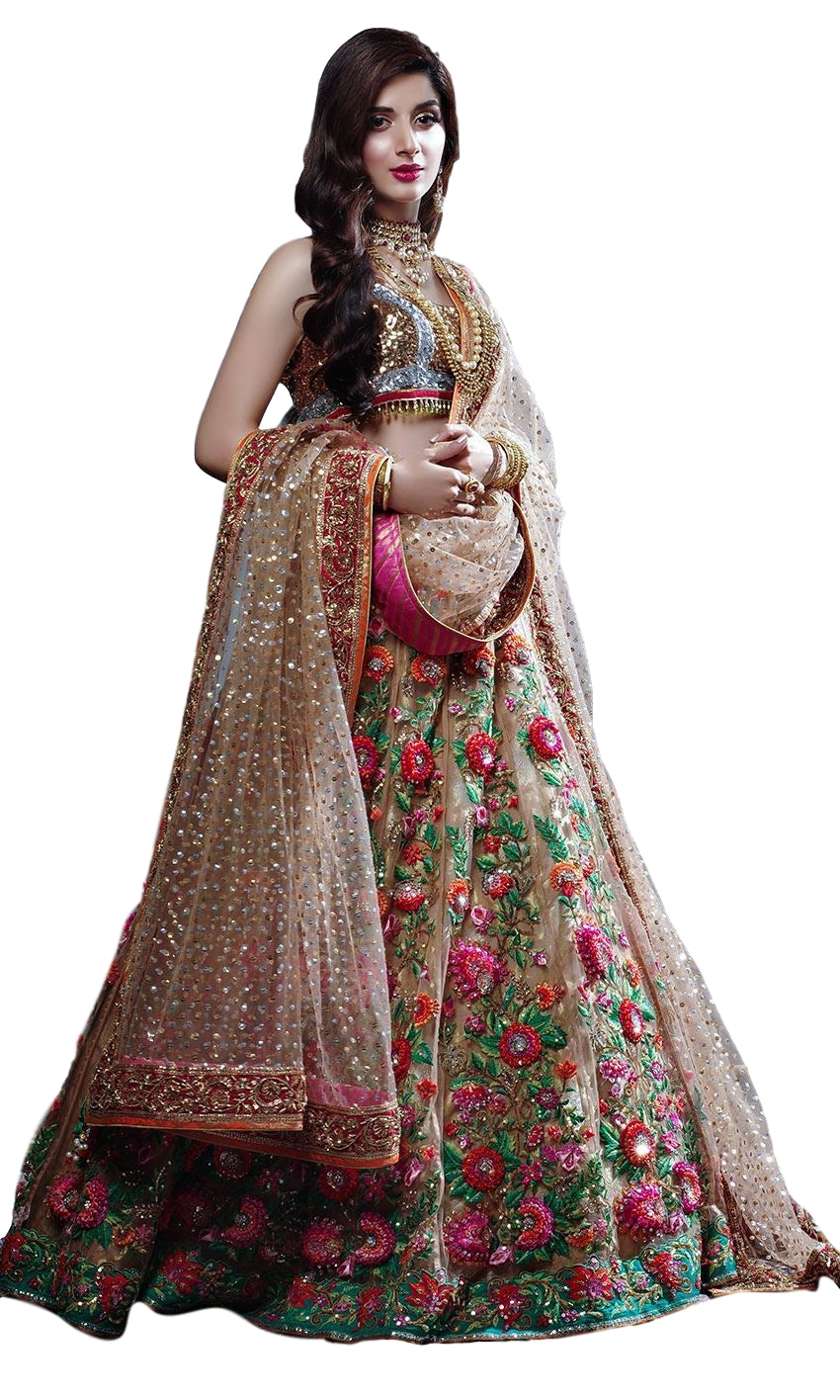 Champagne Color Wedding Lehenga with Floral Embroidery by Panache Haute Couture