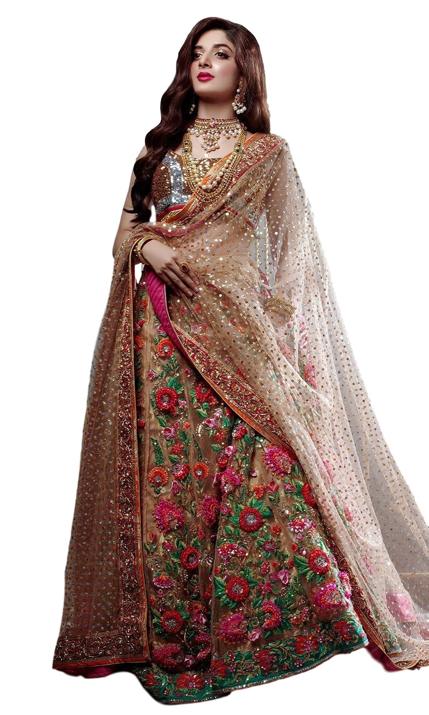 Champagne Color Wedding Lehenga with Floral Embroidery by Panache Haute Couture