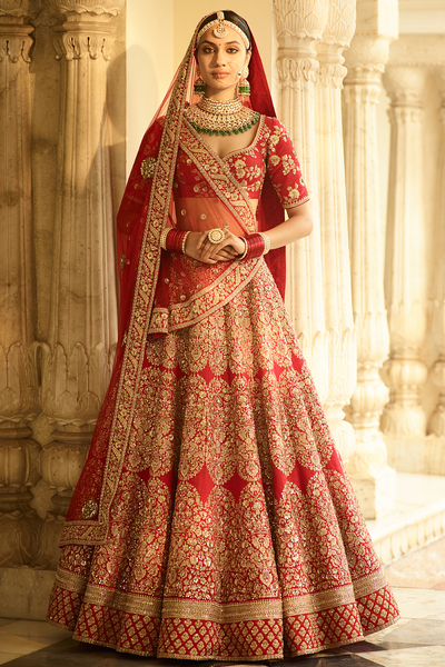 Wedding lehenga red and gold deals