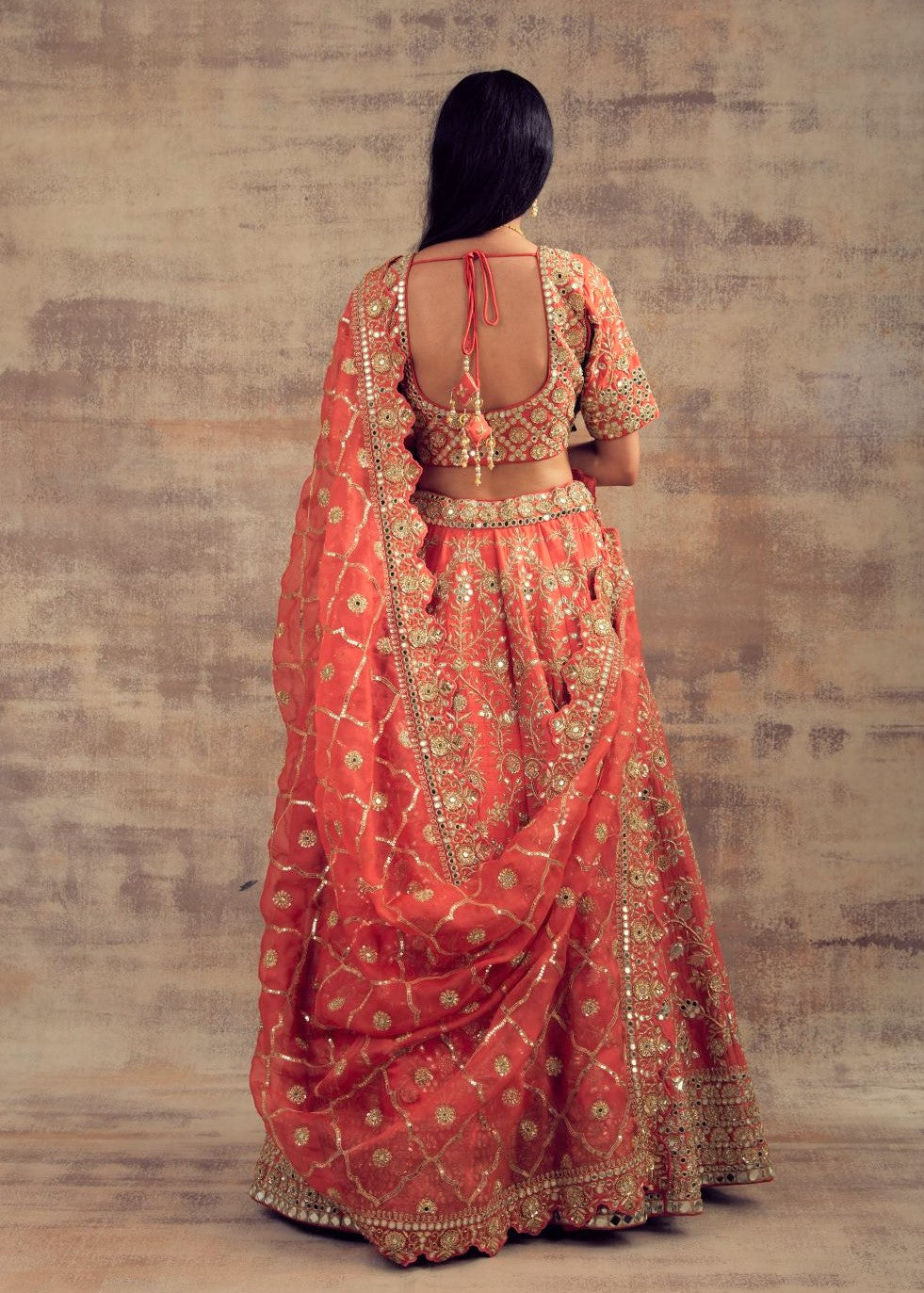 Coral Color Raw Silk Lehenga with Mirror and Gotta Embroidery