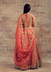 Coral Color Raw Silk Lehenga with Mirror and Gotta Embroidery