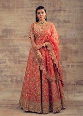 Coral Color Raw Silk Lehenga with Mirror and Gotta Embroidery