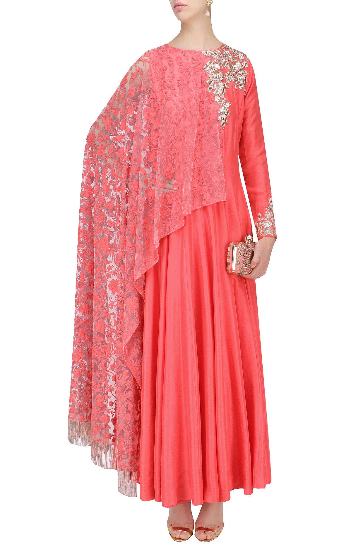 Coral Color Anarkali Kurta Set by Panache Haute Couture