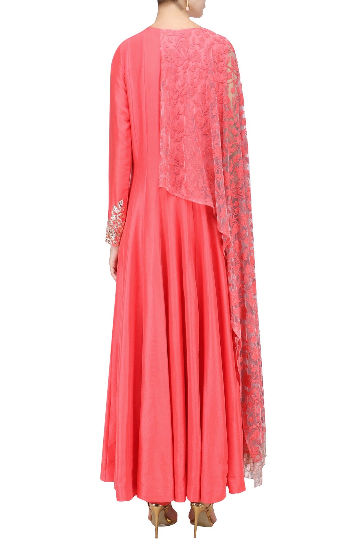 Coral Color Anarkali Kurta Set by Panache Haute Couture