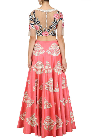 Coral Color Lehenga Choli with Nude Blouse