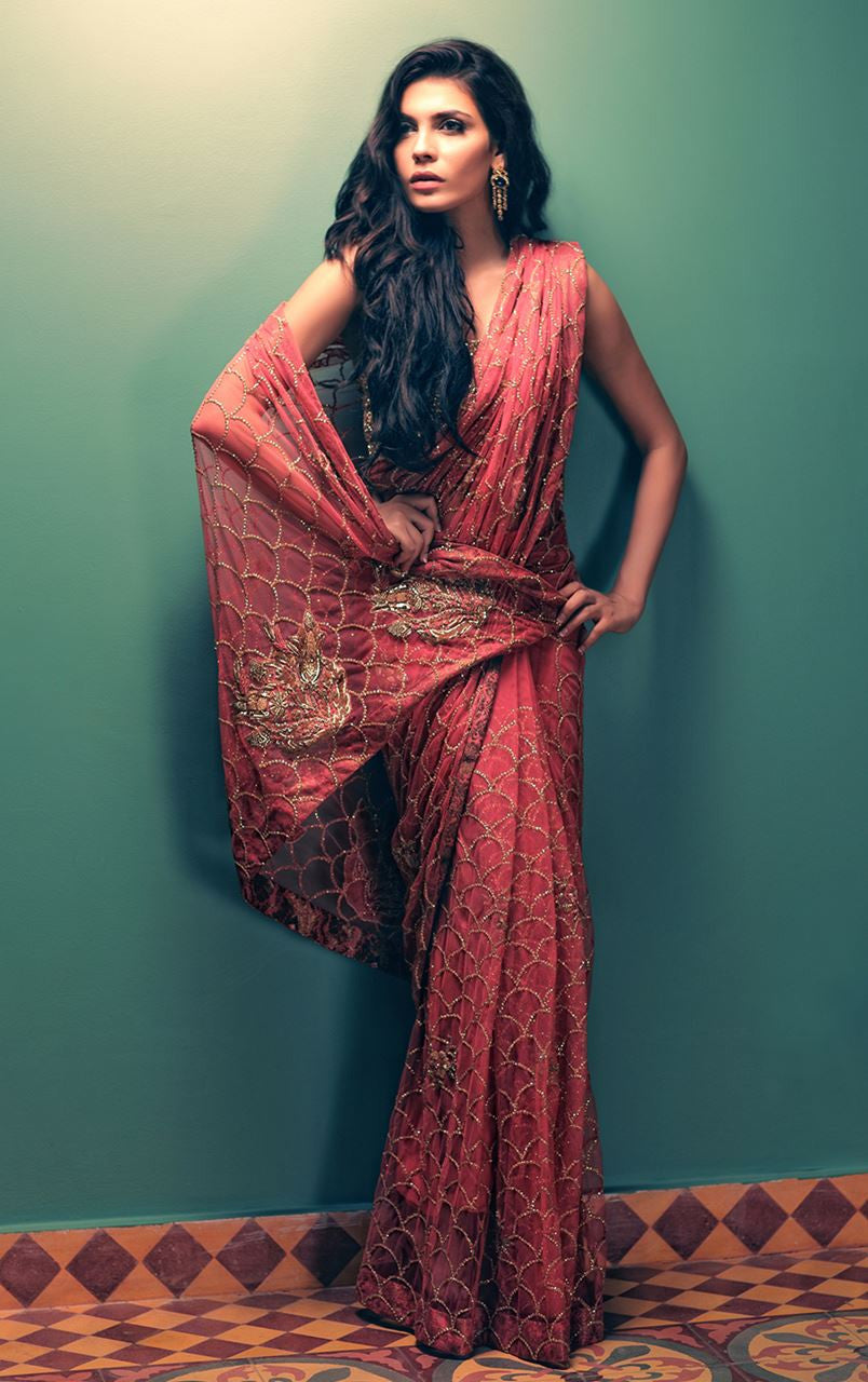 Coral Color Wedding Saree