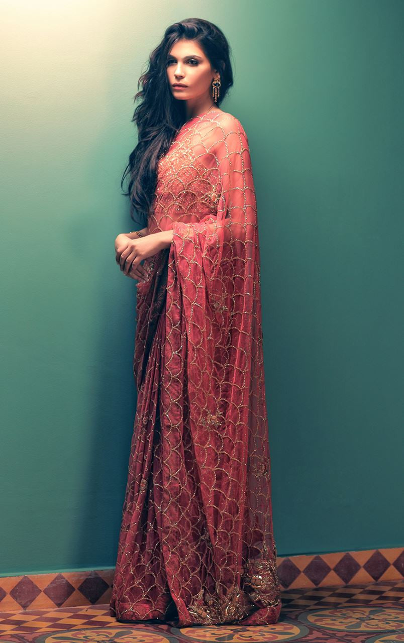 Coral Color Wedding Saree
