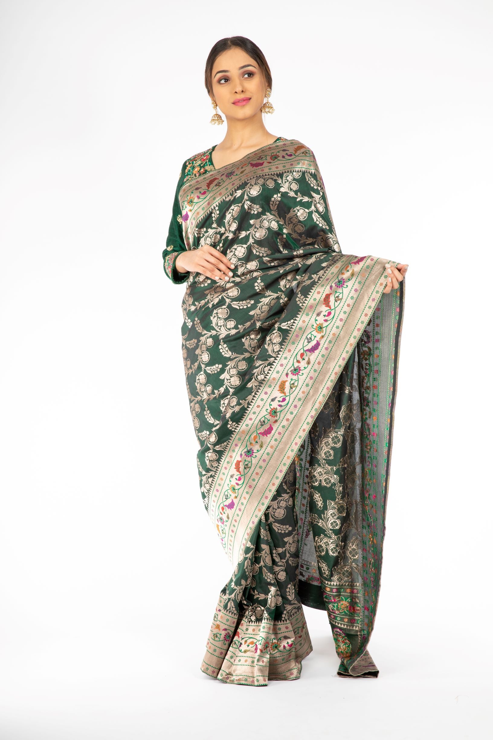 Dark Green Color Handloom Saree with Paithani Border