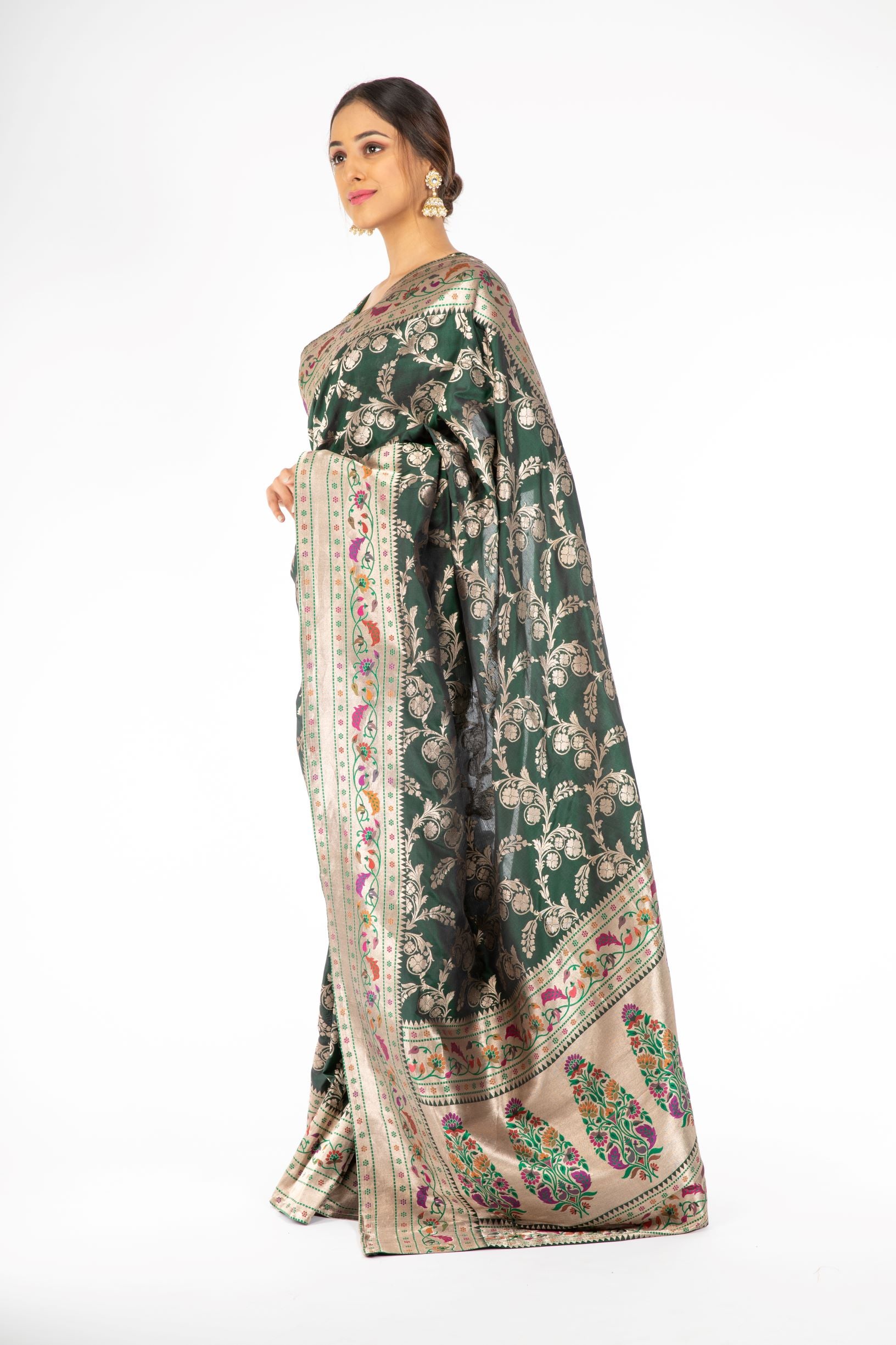 Dark Green Color Handloom Saree with Paithani Border