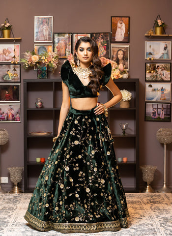 Dark Green Color Silk Velvet Lehenga Set