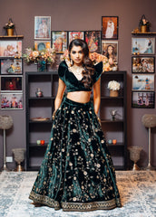 Dark Green Color Silk Velvet Lehenga Set
