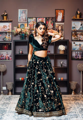 Dark Green Color Silk Velvet Lehenga Set