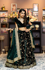 Dark Green Color Silk Velvet Lehenga Set