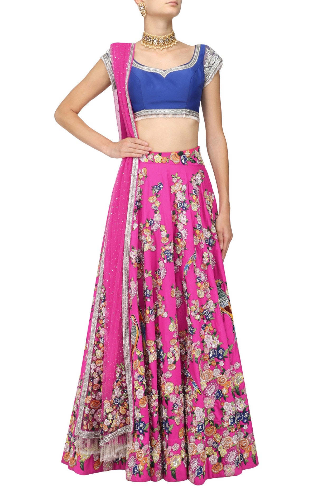 Dark Pink Color Lehenga With Blue Blouse