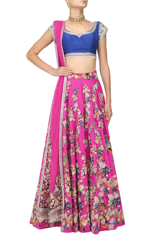 Dark Pink Color Lehenga With Blue Blouse