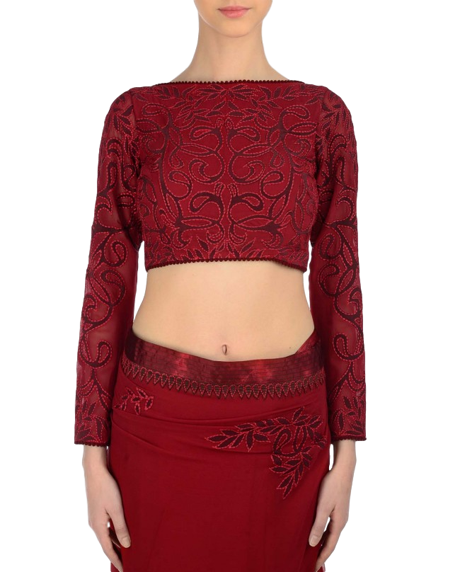Dark Red designer saree with maroon applique work