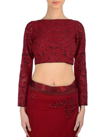 Dark Red designer saree with maroon applique work